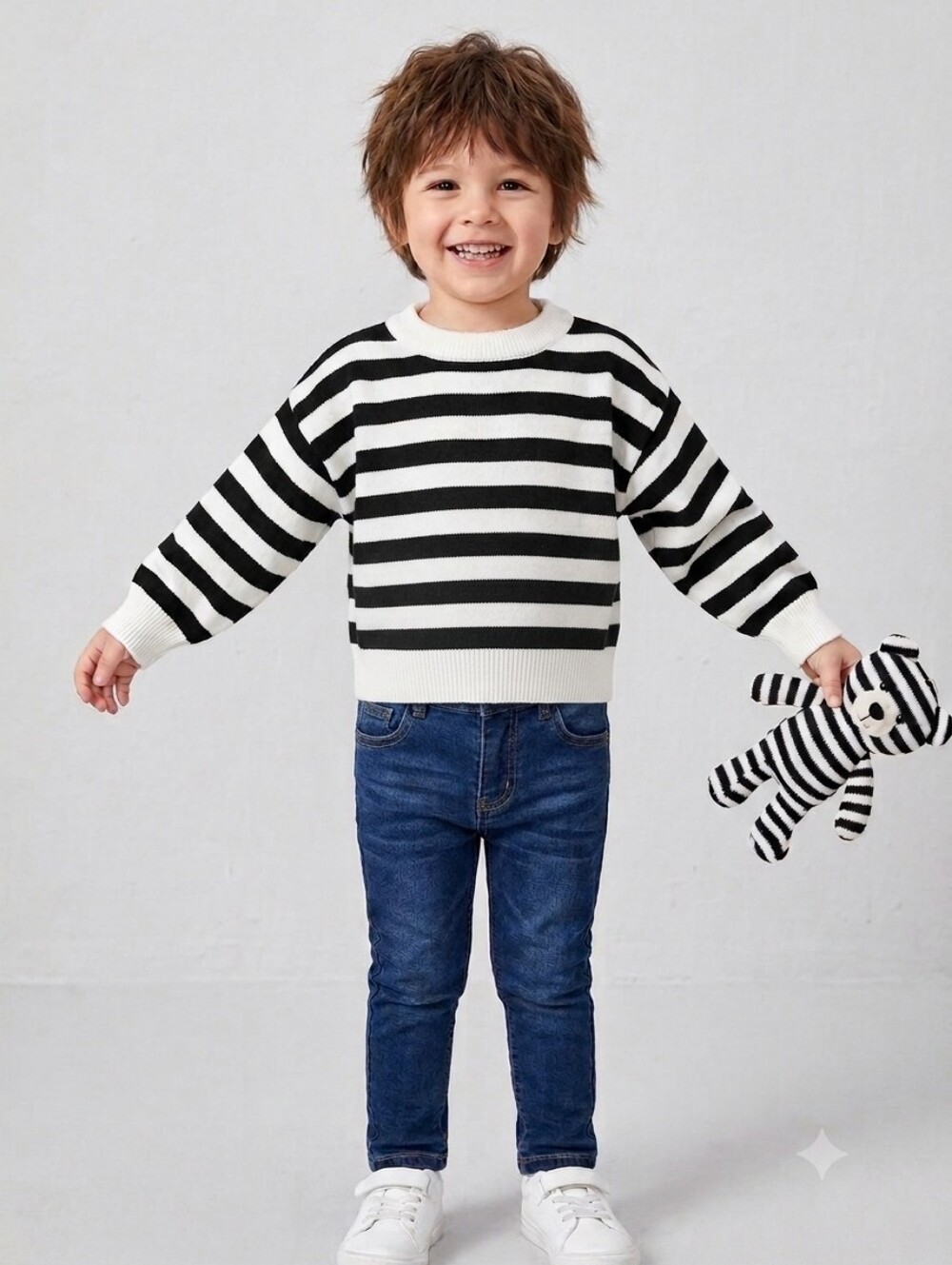 Kid's Classic Black & White Stripe Knit Sweater Long Sleeve Crewneck Boy Girl 3Y